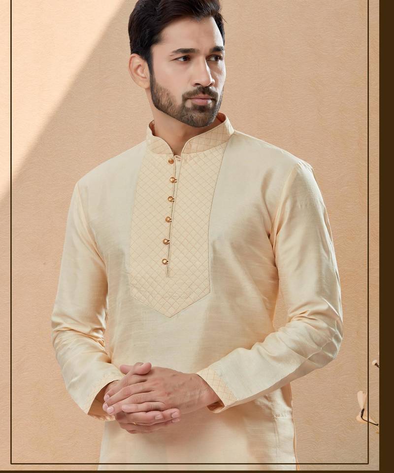 Golden silk kurta pajama set with thread work