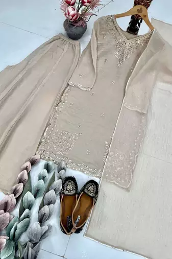 Champagne silk blend embroidered palazzo set