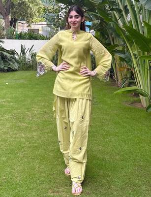 Lime cotton poly embroidered farshi salwar set 1