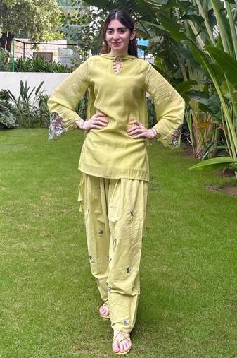 Lime cotton poly embroidered farshi salwar set