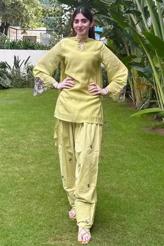 Lime cotton poly embroidered farshi salwar set
