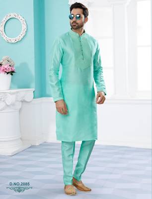 Firozi silk kurta pajama set with thread work 1