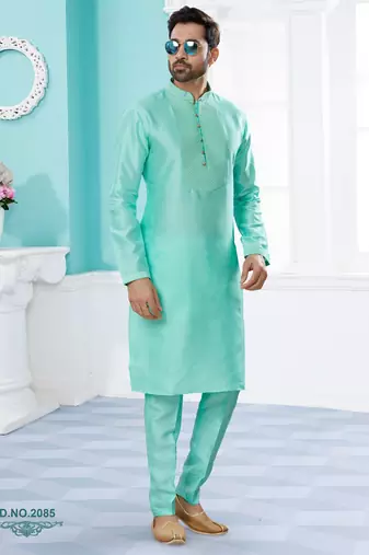 Firozi silk kurta pajama set with thread work