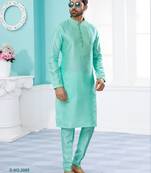 Firozi silk kurta pajama set with thread work