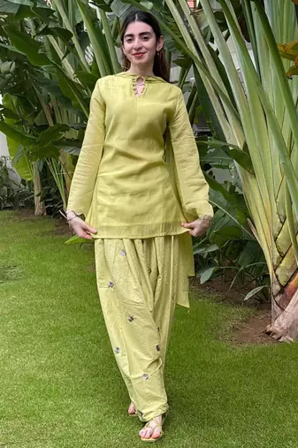 Lime cotton poly embroidered farshi salwar set