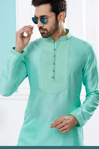 Firozi silk kurta pajama set with thread work