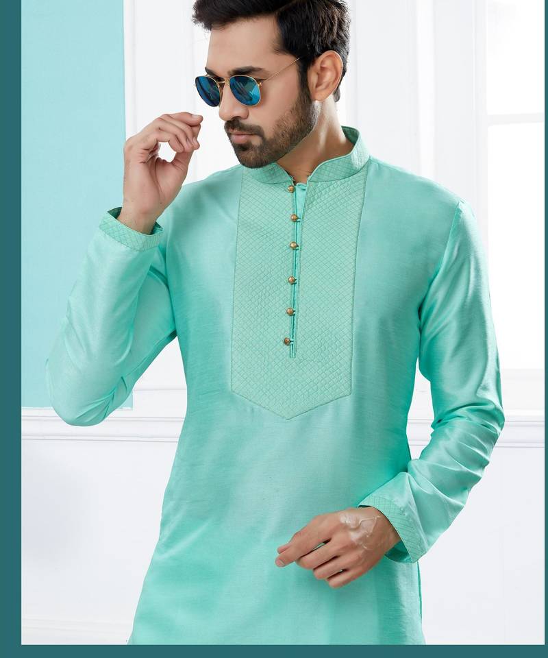 Firozi silk kurta pajama set with thread work