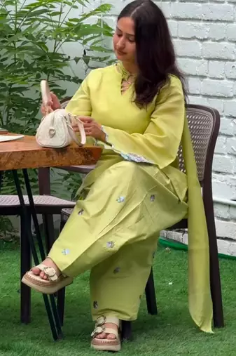 Lime cotton poly embroidered farshi salwar set