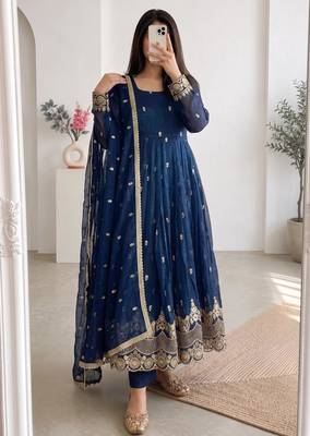 Royal-blue silk blend embroidered flared gown set 1
