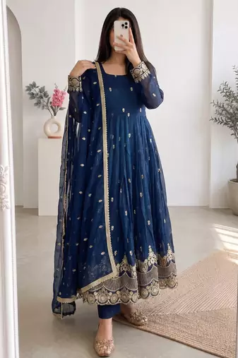 Royal-blue silk blend embroidered flared gown set