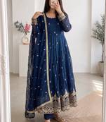 Royal-blue silk blend embroidered flared gown set
