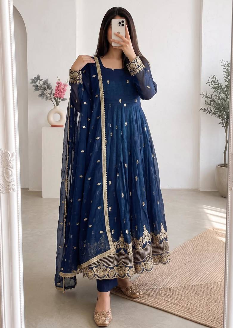 Royal-blue silk blend embroidered flared gown set