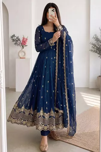 Royal-blue silk blend embroidered flared gown set