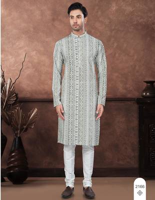 Green & multicolour digital printed full embroidery chikankari thread work kurta pajama set 1