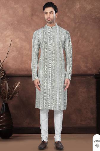 Green & multicolour digital printed full embroidery chikankari thread work kurta pajama set