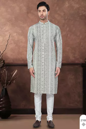 Green & multicolour digital printed full embroidery chikankari thread work kurta pajama set