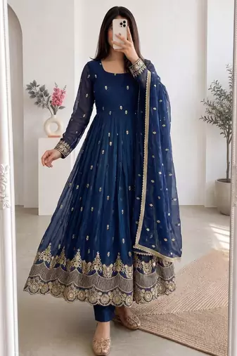 Royal-blue silk blend embroidered flared gown set