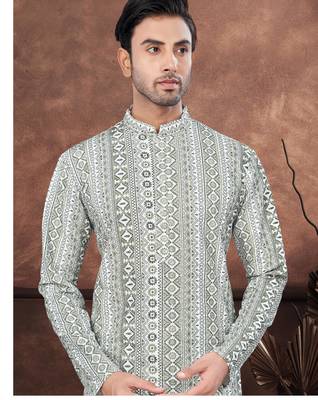 Green & multicolour digital printed full embroidery chikankari thread work kurta pajama set 2