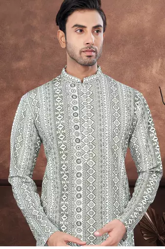 Green & multicolour digital printed full embroidery chikankari thread work kurta pajama set