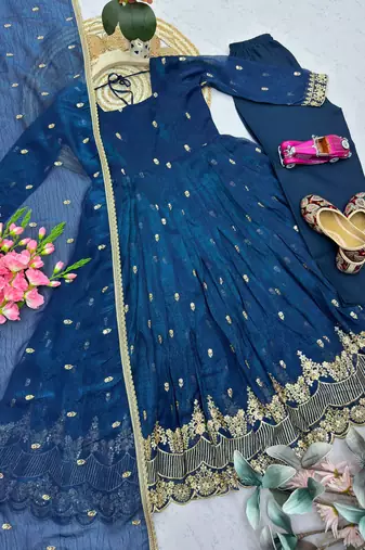 Royal-blue silk blend embroidered flared gown set