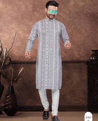 Purpel & multicolour digital printed full embroidery chikankari thread work kurta pajama set 1