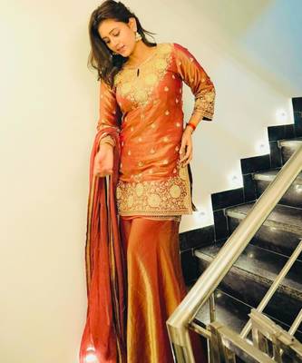 Peach silk blend embroidered sharara set 1
