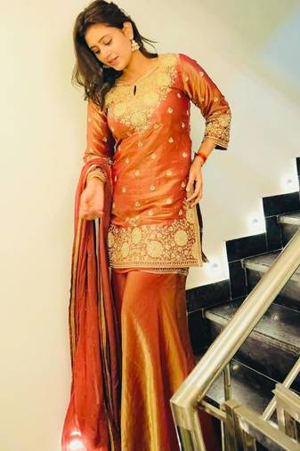Peach silk blend embroidered sharara set