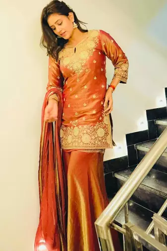 Peach silk blend embroidered sharara set