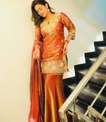Peach silk blend embroidered sharara set