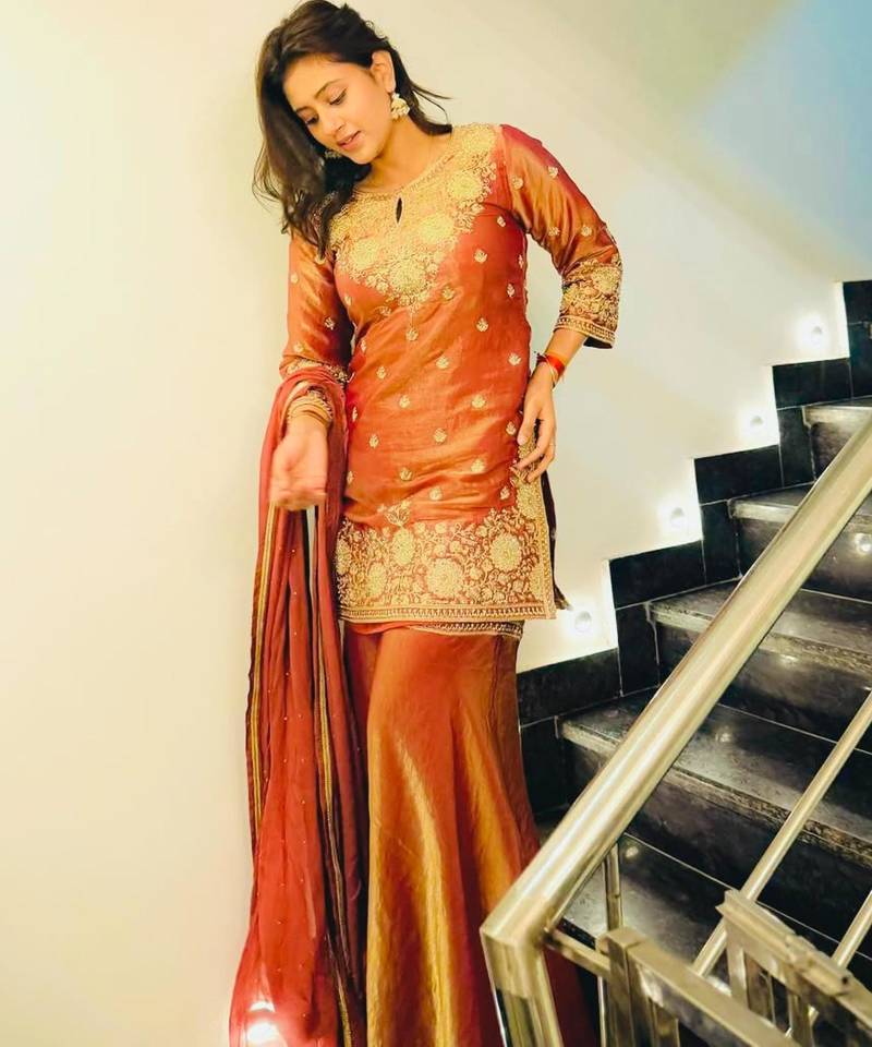 Peach silk blend embroidered sharara set
