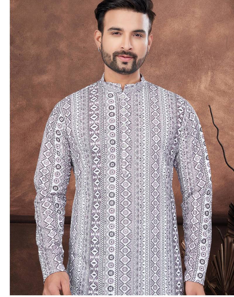 Purpel & multicolour digital printed full embroidery chikankari thread work kurta pajama set