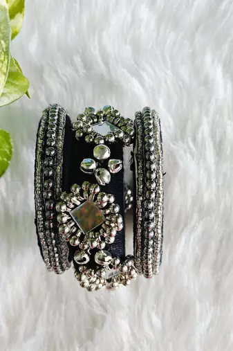  handcrafted black & silver mirror ghungroo statement bangle (set of 6)