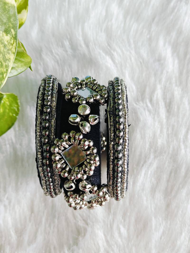 handcrafted black & silver mirror ghungroo statement bangle (set of 6)