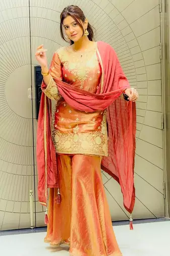 Peach silk blend embroidered sharara set