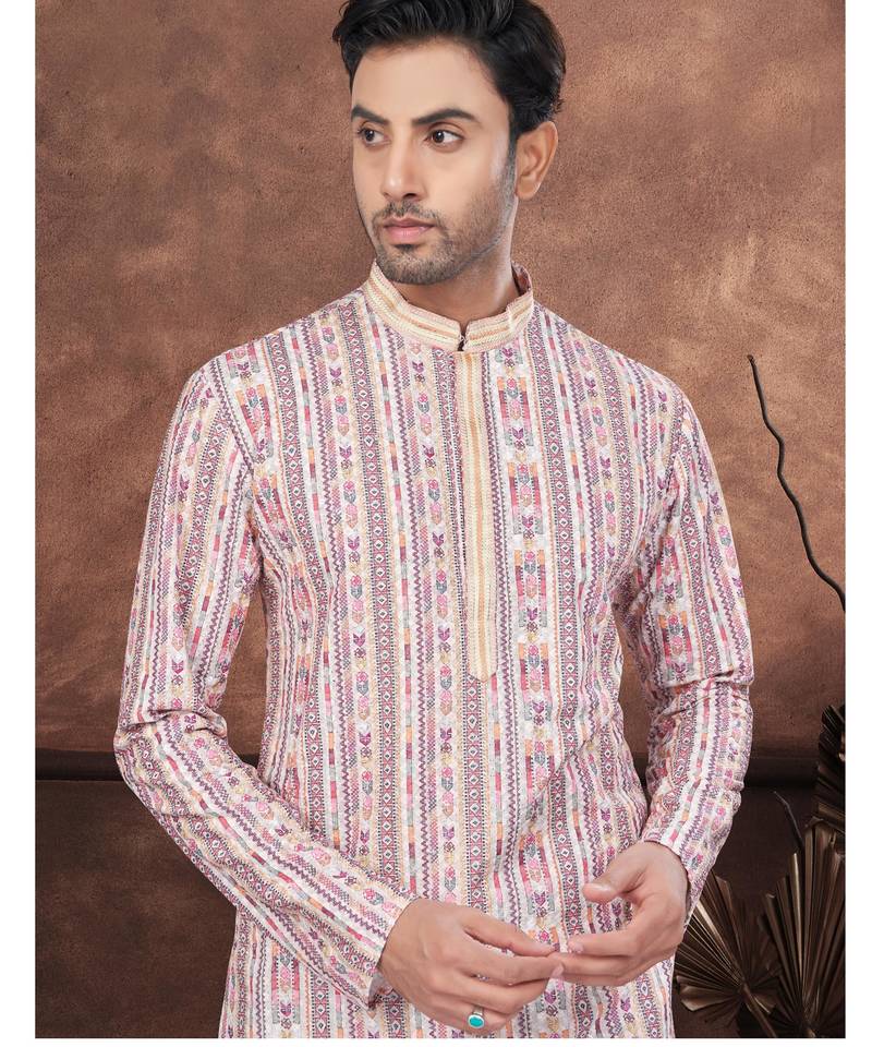 Multicolor digital printed full embroidery chikankari thread work kurta pajama set