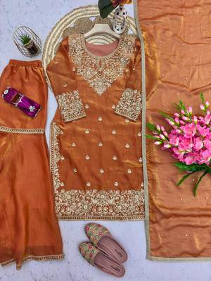 Peach silk blend embroidered sharara set 4