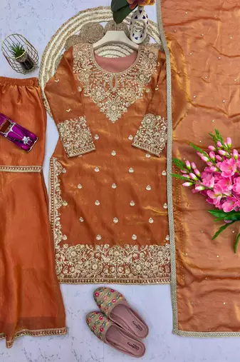 Peach silk blend embroidered sharara set