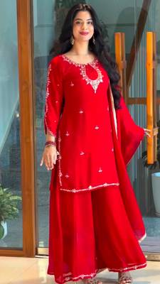 Red faux georgette embroidered sharara set 1