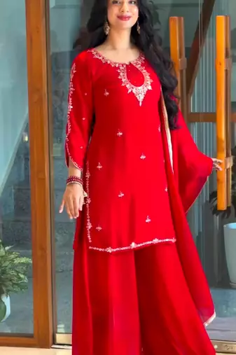 Red faux georgette embroidered sharara set