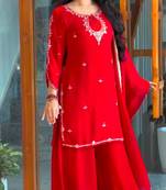 Red faux georgette embroidered sharara set