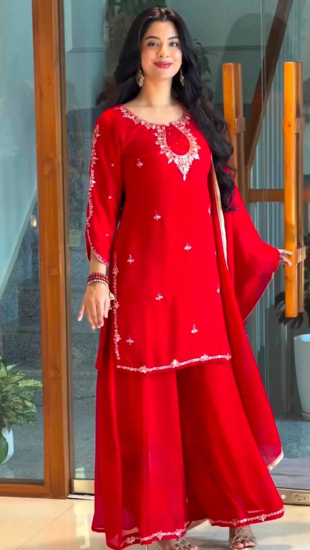 Red faux georgette embroidered sharara set
