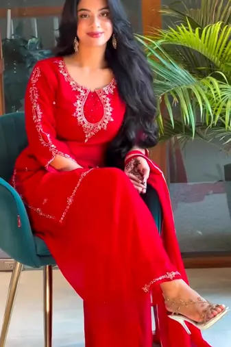 Red faux georgette embroidered sharara set