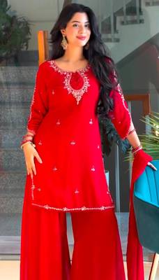 Red faux georgette embroidered sharara set 3