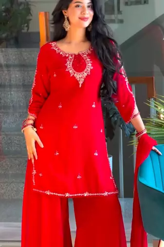 Red faux georgette embroidered sharara set