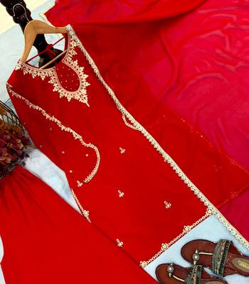 Red faux georgette embroidered sharara set 4
