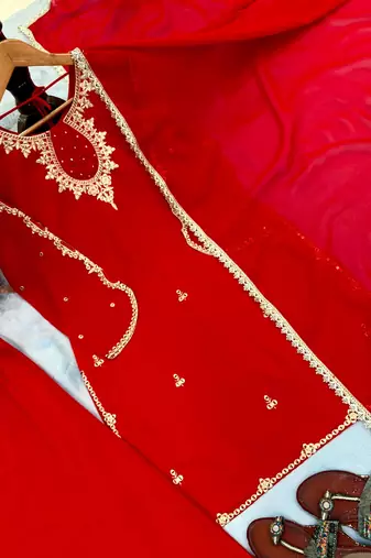 Red faux georgette embroidered sharara set