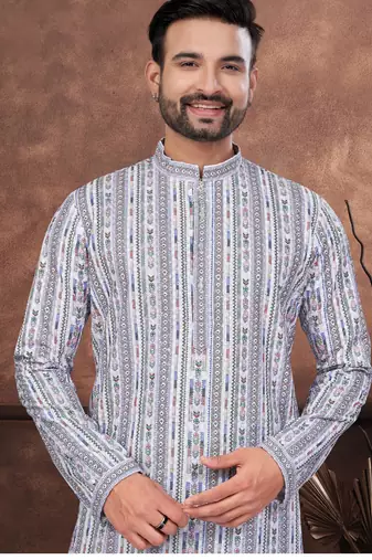 Multicolor digital printed full embroidery chikankari thread work kurta pajama set