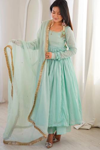 Turquoise faux georgette embroidered palazzo set
