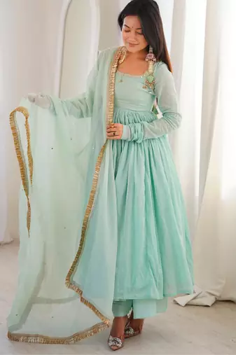 Turquoise faux georgette embroidered palazzo set