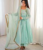 Turquoise faux georgette embroidered palazzo set